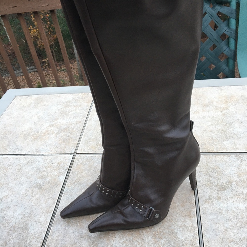 Sergio Rossi brown leather studded heeled boots 38 - Picture 2 of 14